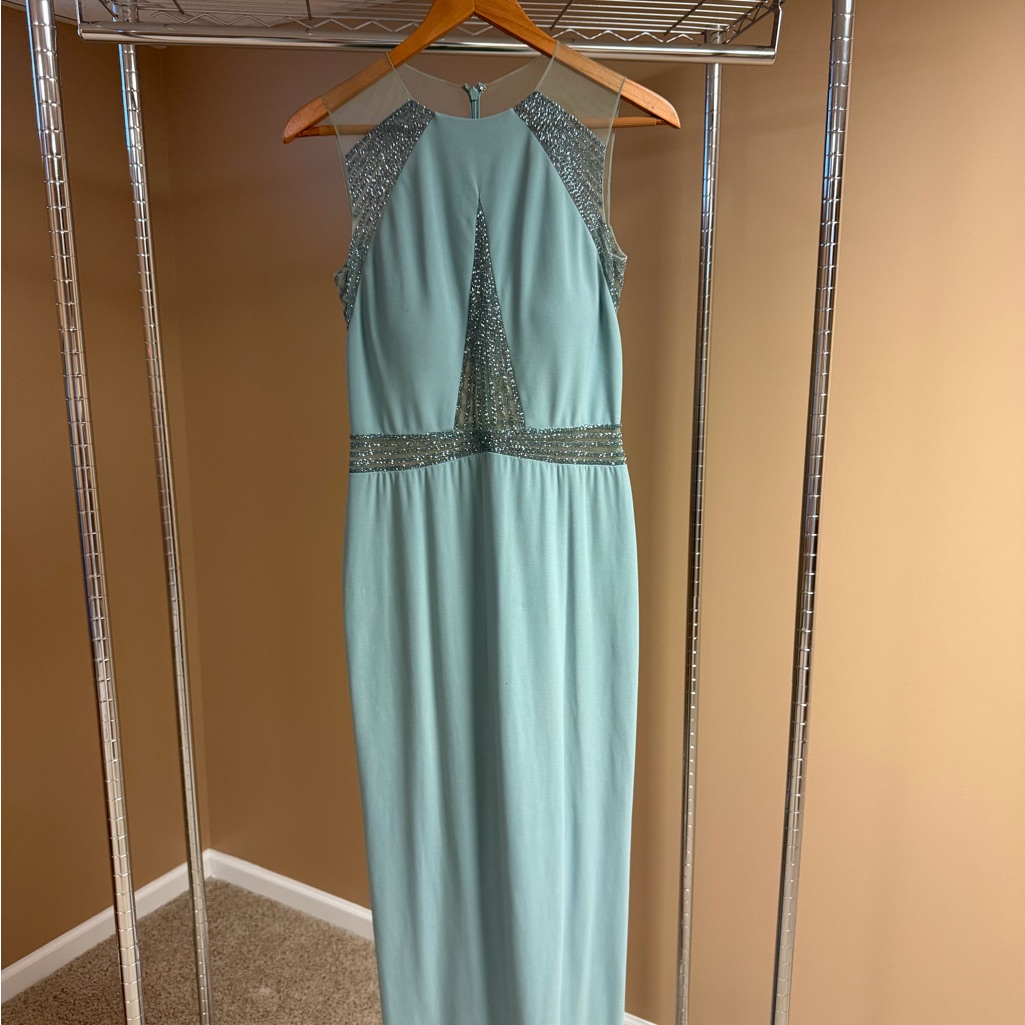 Mignon Seafoam Halter Evening Gown With Beaded Accents